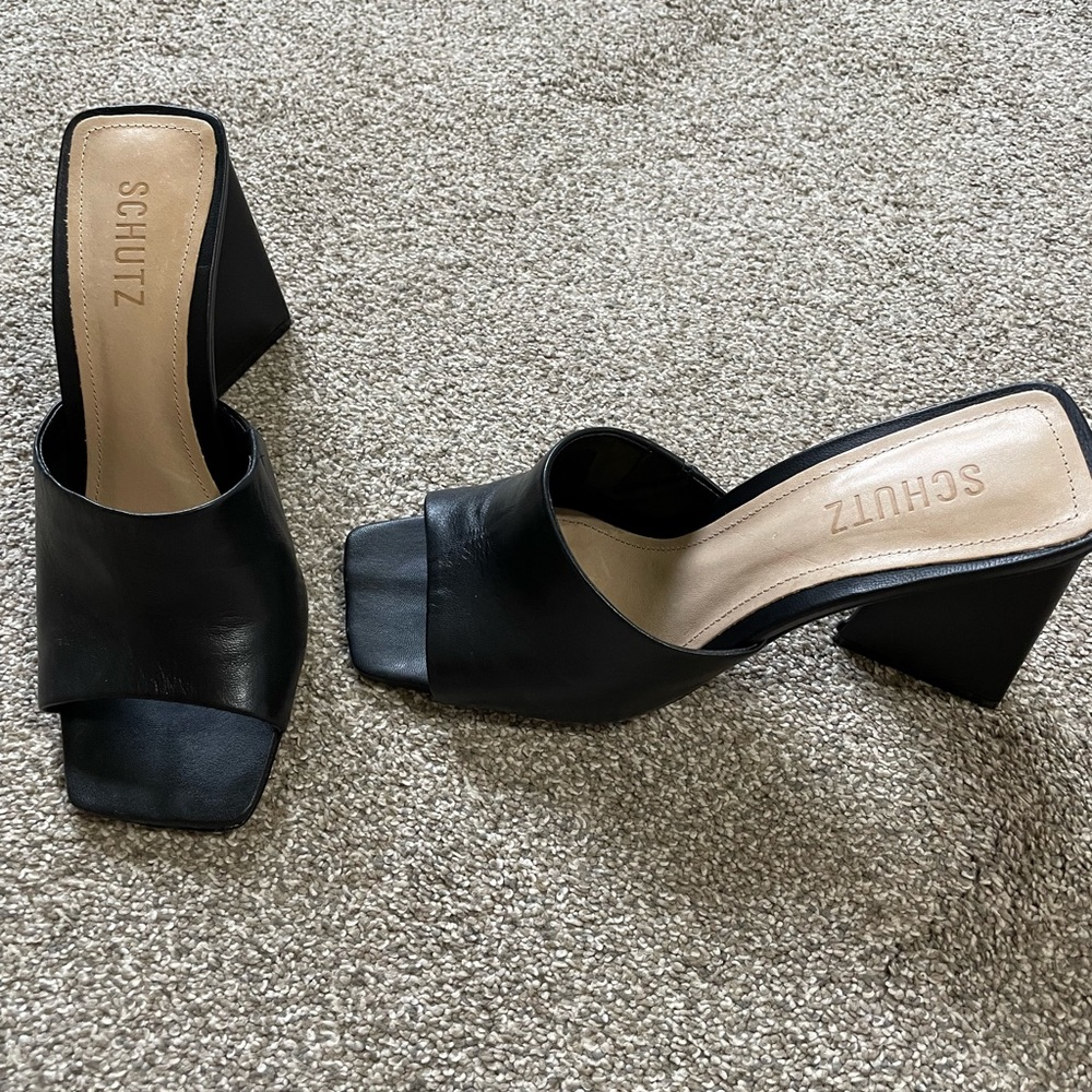 Schutz Black Heeled Sandal. Size 8. Worn once for an event.